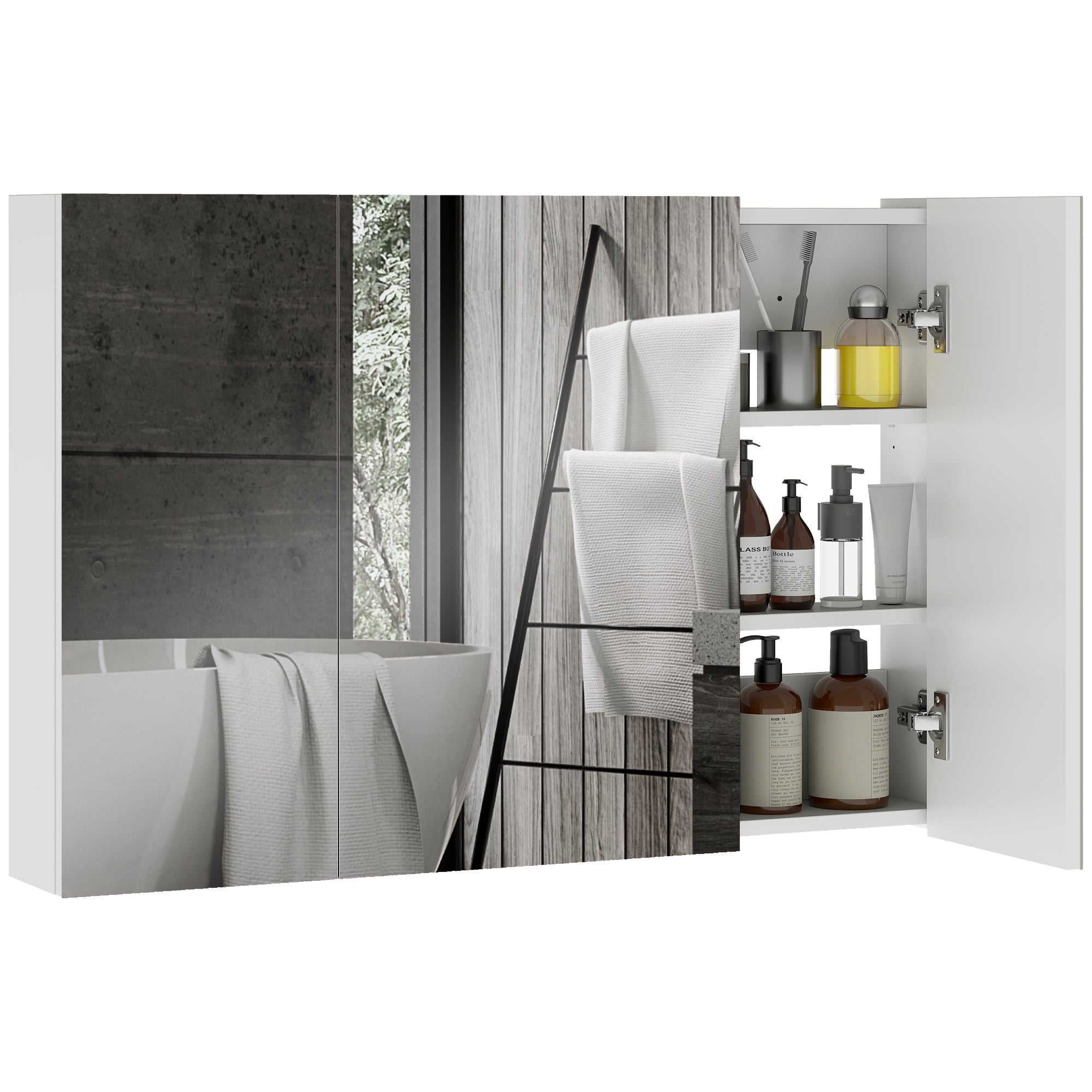 Specchio da Bagno Pensile a 3 Ante  90x13,5x60 cm Rivestimento in Melamina Bianco