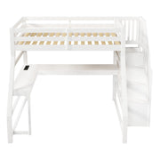 Letto a Soppalco Singolo 90x200 cm; Scrivania a L; LED e Scala con Contenitore