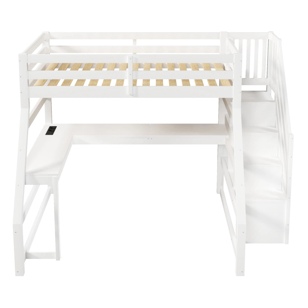 Letto a Soppalco Singolo 90x200 cm; Scrivania a L; LED e Scala con Contenitore