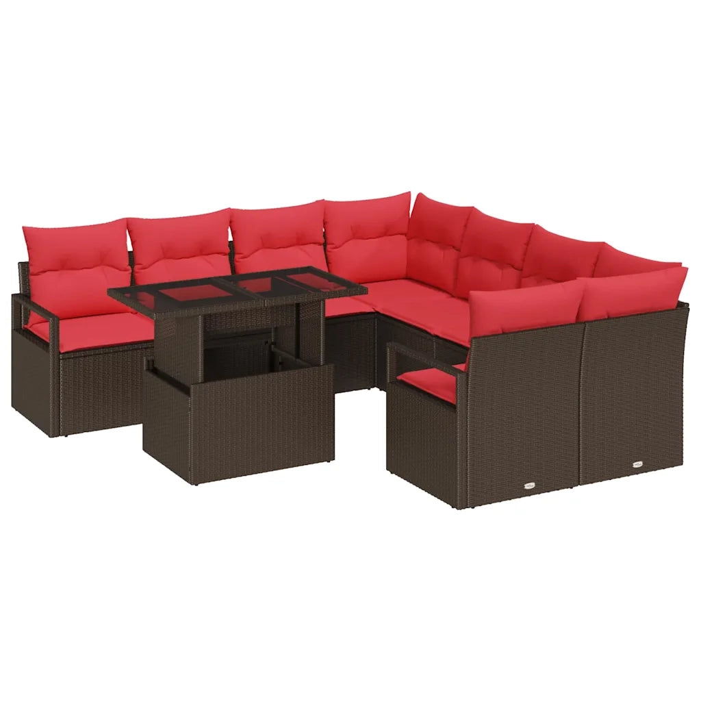 Set Divano da Giardino 9 pcs Marrone e Rosso polyrattan