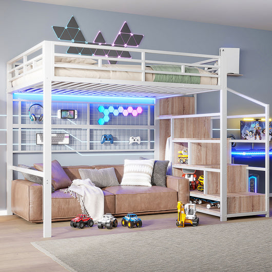 Letto mezzanino con LED 140x200cm - Xylo - bianco, armadio, griglia