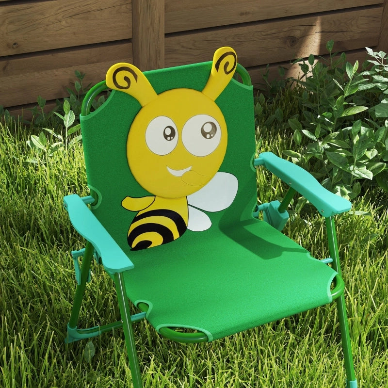 Set di mobili da giardino per bambini, composto da sedie, tavolo e ombrellone, con motivo ape, nei colori verde e giallo.