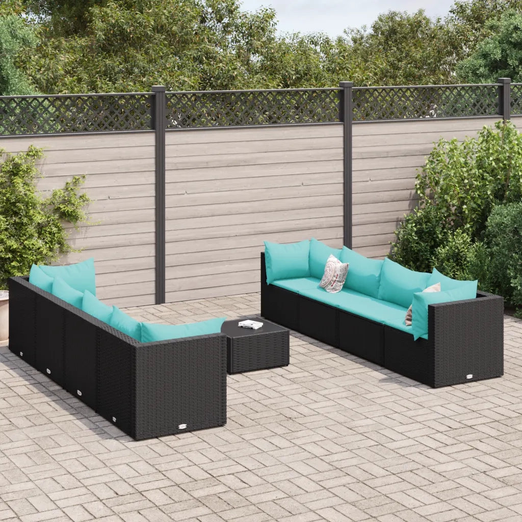 Set Salotto da Giardino con Cuscini 9pz Nero in Polyrattan 3308044