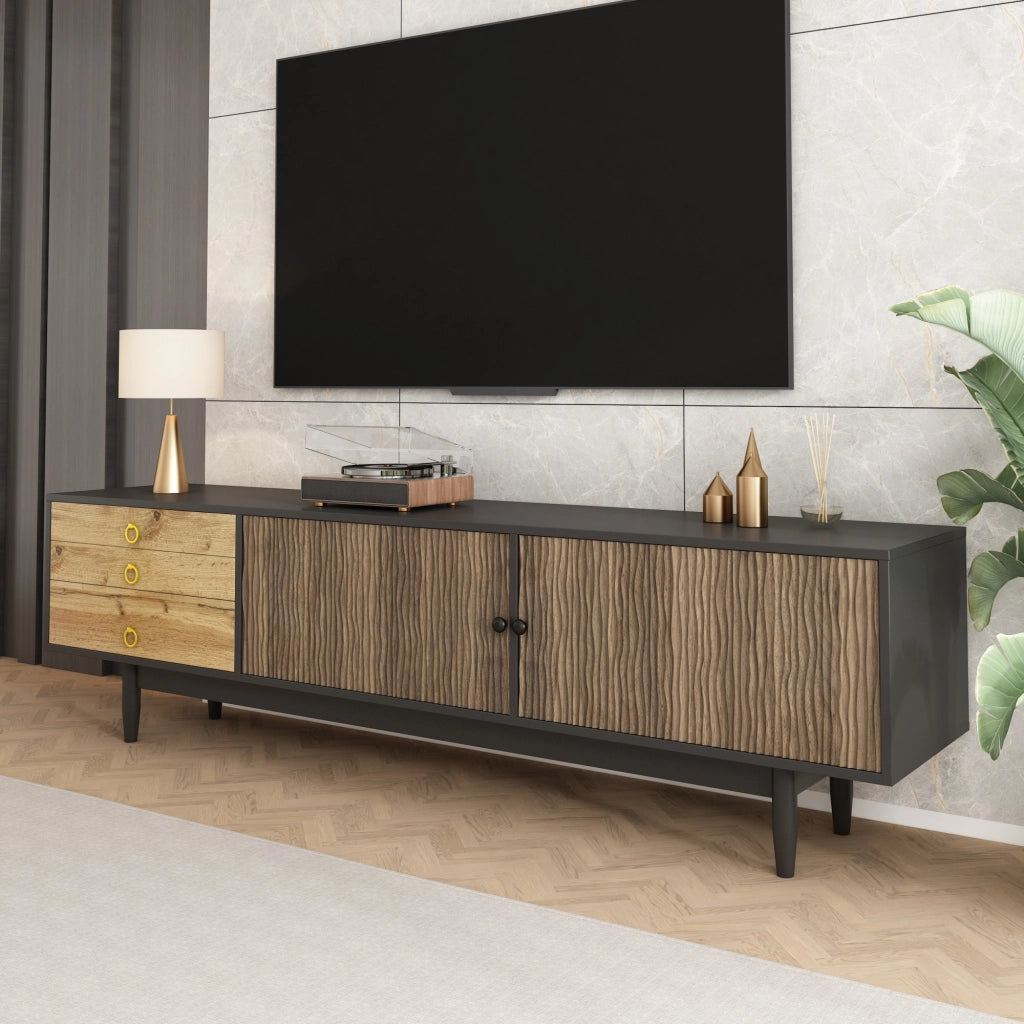 OKWISH Mobile TV con 2 Ante e 3 Cassetti, Frontali Ondulati, Gambe in Legno, per Soggiorno, Nero e Naturale, 180×38×50 cm