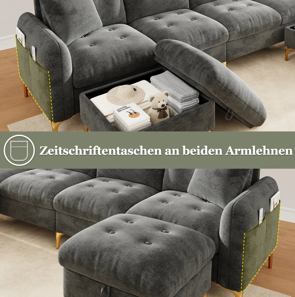Divano modulare in ciniglia con 2 pouf contenitore; 263×137×85 cm; grigio