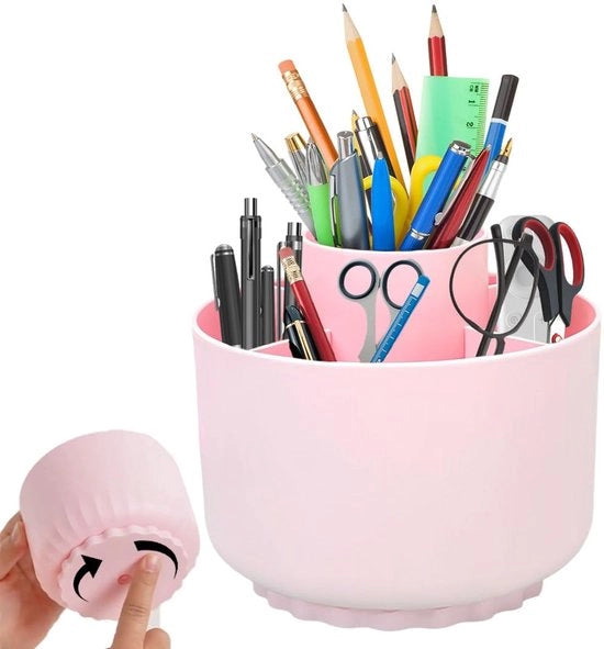Organizzatore per Pennarelli Bambini 360° Rotante Cassettiera per Pennarelli Grande Capacità con 5 Compartimenti per Ufficio, Scuola, Casa (Rosso Pastello)