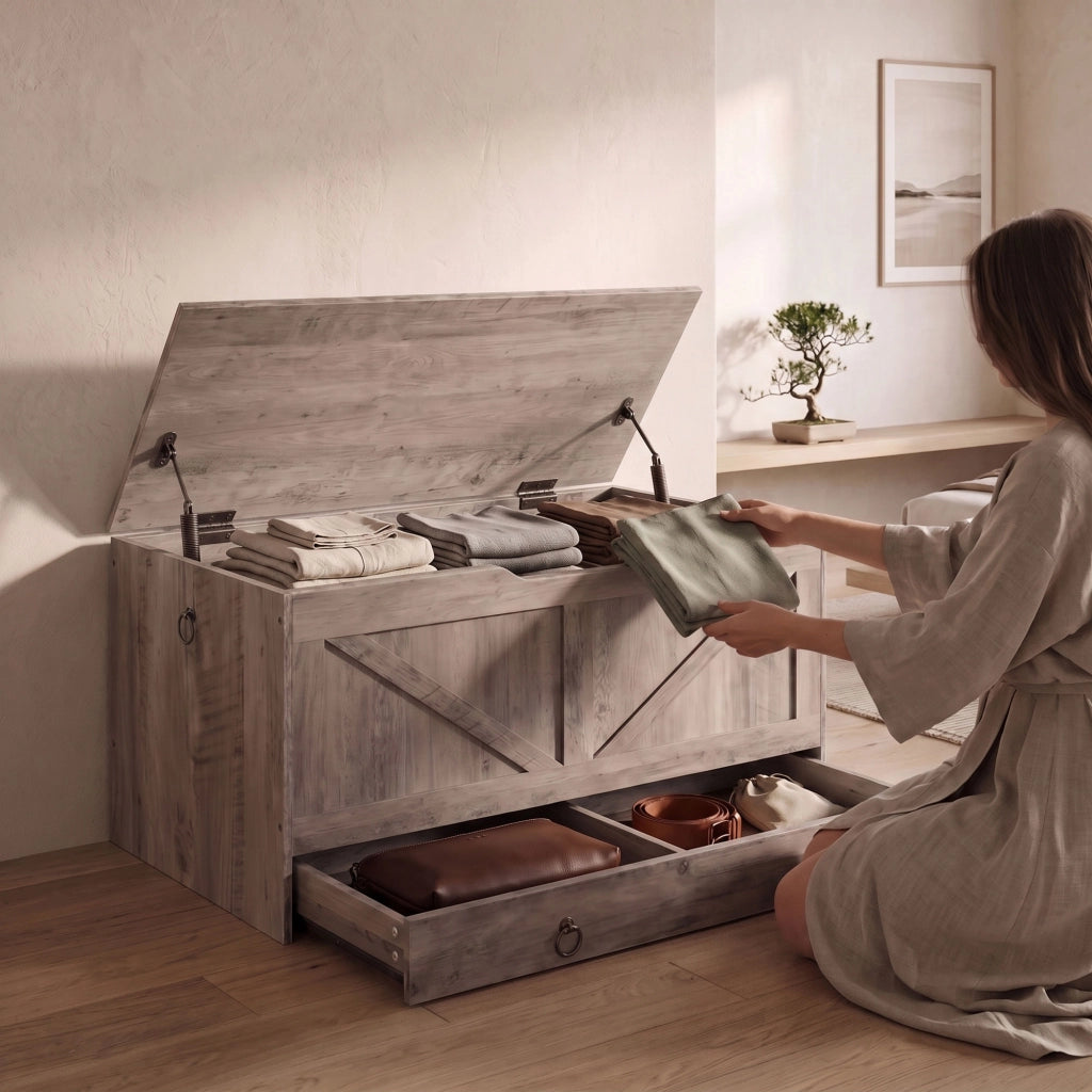 Kura - Cassapanca contenitore 100x50x40 cm Portaoggetti con Cerniere di Sicurezza e con Cassettiera in Legno Industrial