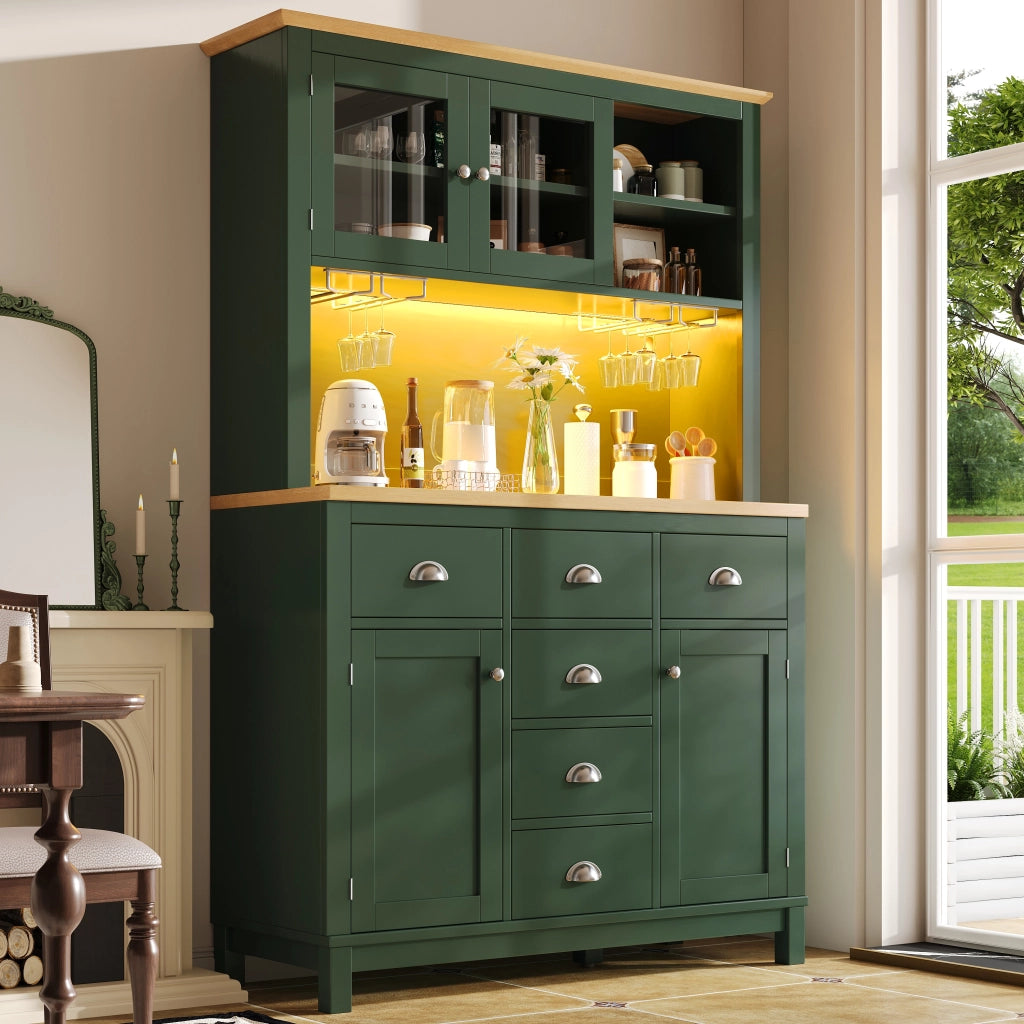 Credenza e madia con LED, vani interni e ripiani nelle ante, per cucina e soggiorno, in MDF, verde, 104 × 40 × 180 cm