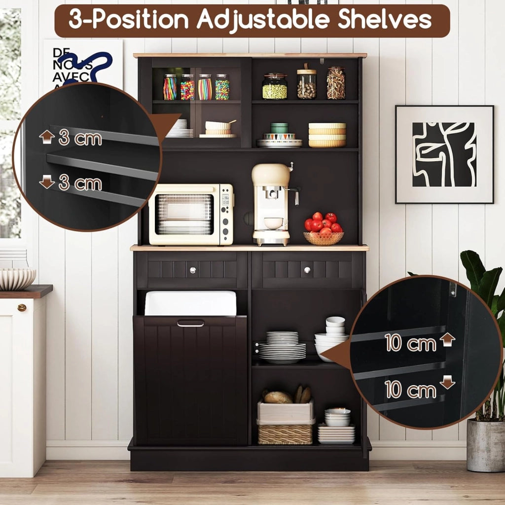 Credenza Alta da Cucina con Supporto per Bidoni della Spazzatura, Mobile Cucina Dispensa con Piano di Lavoro in Legno di Gomma, 2 Cassetti, Armadietto Buffet con Ripiani Regolabili (Nero)