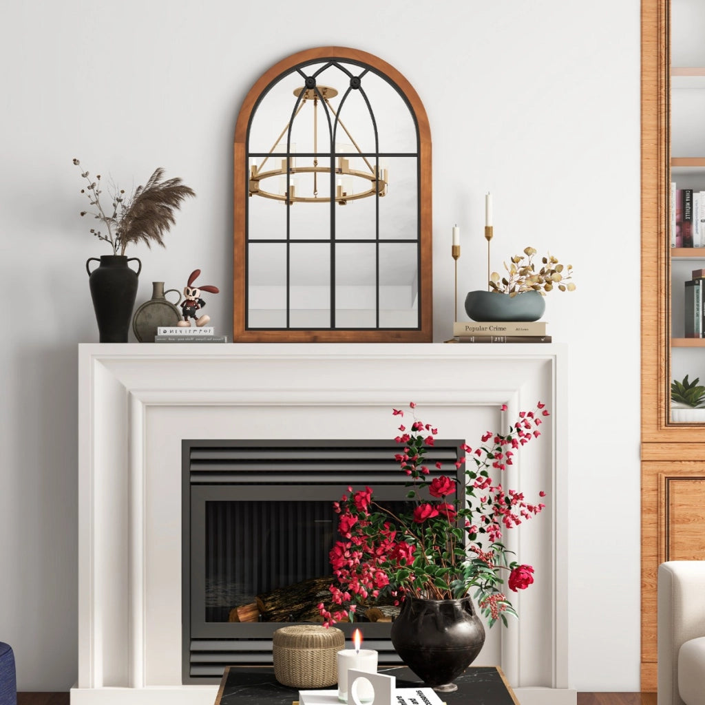 Specchio finestra ad arco 60x90cm, Specchio da parete con cornice in legno di abete pannello posteriore Naturale-Specchi da parete