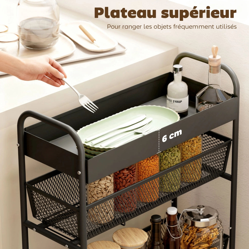 Carrello a 4 livelli con 3 cesti scorrevoli ¨C zephmum ¨C nero 80x43.2x19 cm