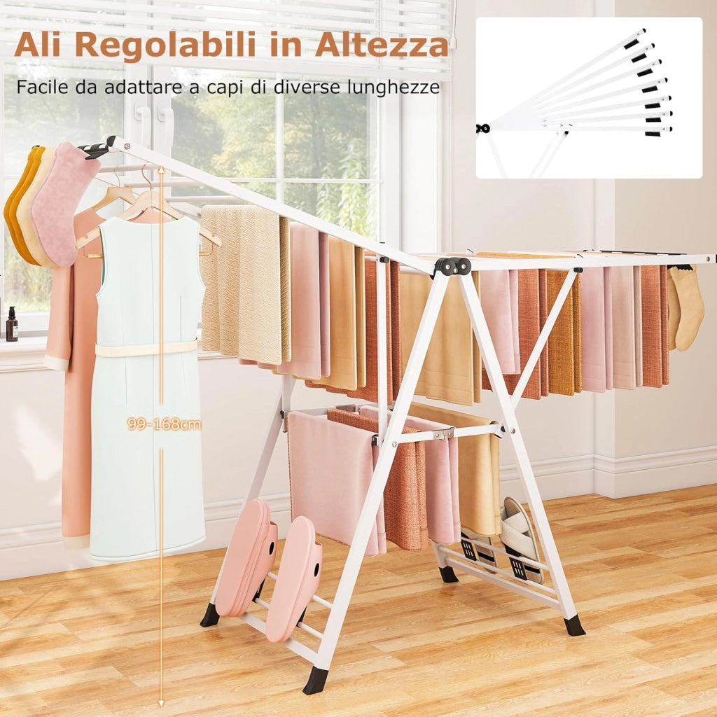 Stendibiancheria con 20 Barre, Stendino Pieghevole in Metallo Regolabili in Altezza, Clips per Calzini, Supporto per Abbigliamento Autoposante a Ali per Interno Esterno (Bianco)