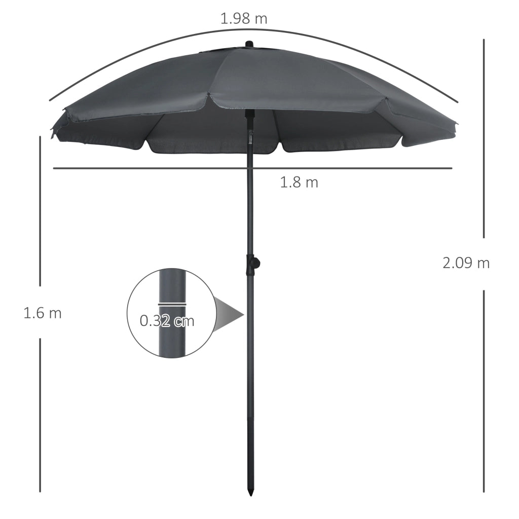 EasyComfort Ombrellone da Spiaggia 1.8x2 m, in Poliestere e Acciaio a 8 Stecche con Reclinazione a 45°, Grigio