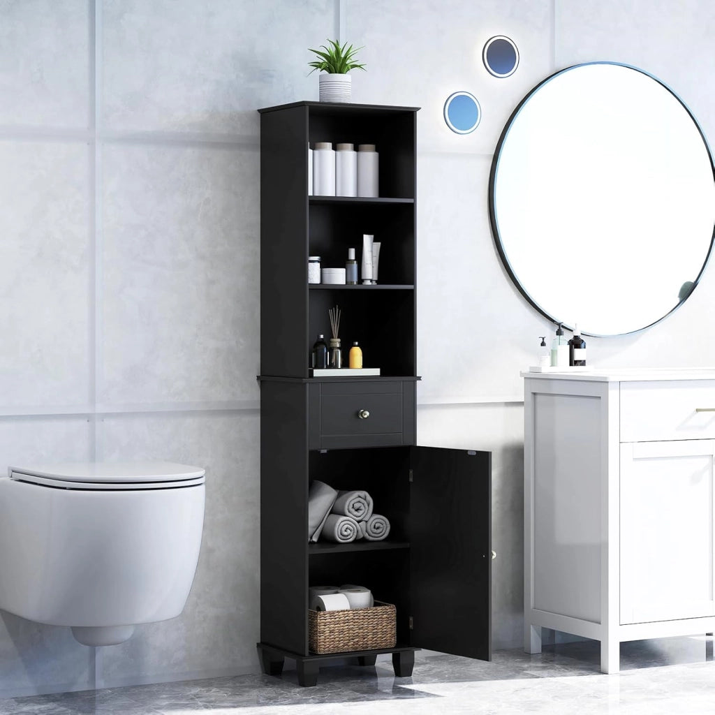 Mobile da bagno alto 172 cm, colonna bagno con 3 ripiani aperti, 1 cassetto, 1 anta e ripiano regolabile, salvaspazio, mobile portaoggetti per cucina, soggiorno (nero)