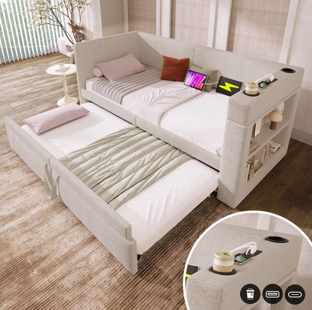 Divano letto estraibile 90x200 cm beige con USB-C e portabicchieri