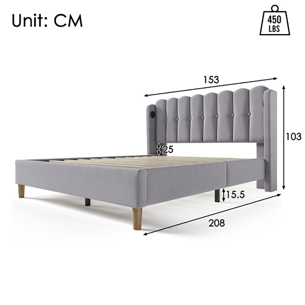 Letto matrimoniale imbottito - Xylo - 140x200 cm - Grigio - USB Type C, rete a doghe