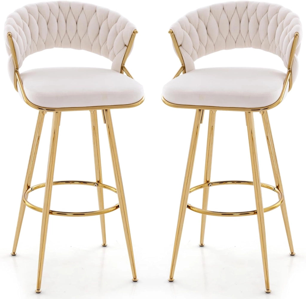 Set di 2 Sgabelli Bar in Velluto, Sgabello Bar di 73 cm con Schienale Intrecciato e Gambe in Metallo, con Schienale e Piedini Regolabili, per Cucina, Sala da Pranzo, Portata 200 kg(Bianco)