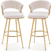 Set di 2 Sgabelli Bar in Velluto, Sgabello Bar di 73 cm con Schienale Intrecciato e Gambe in Metallo, con Schienale e Piedini Regolabili, per Cucina, Sala da Pranzo, Portata 200 kg(Bianco)