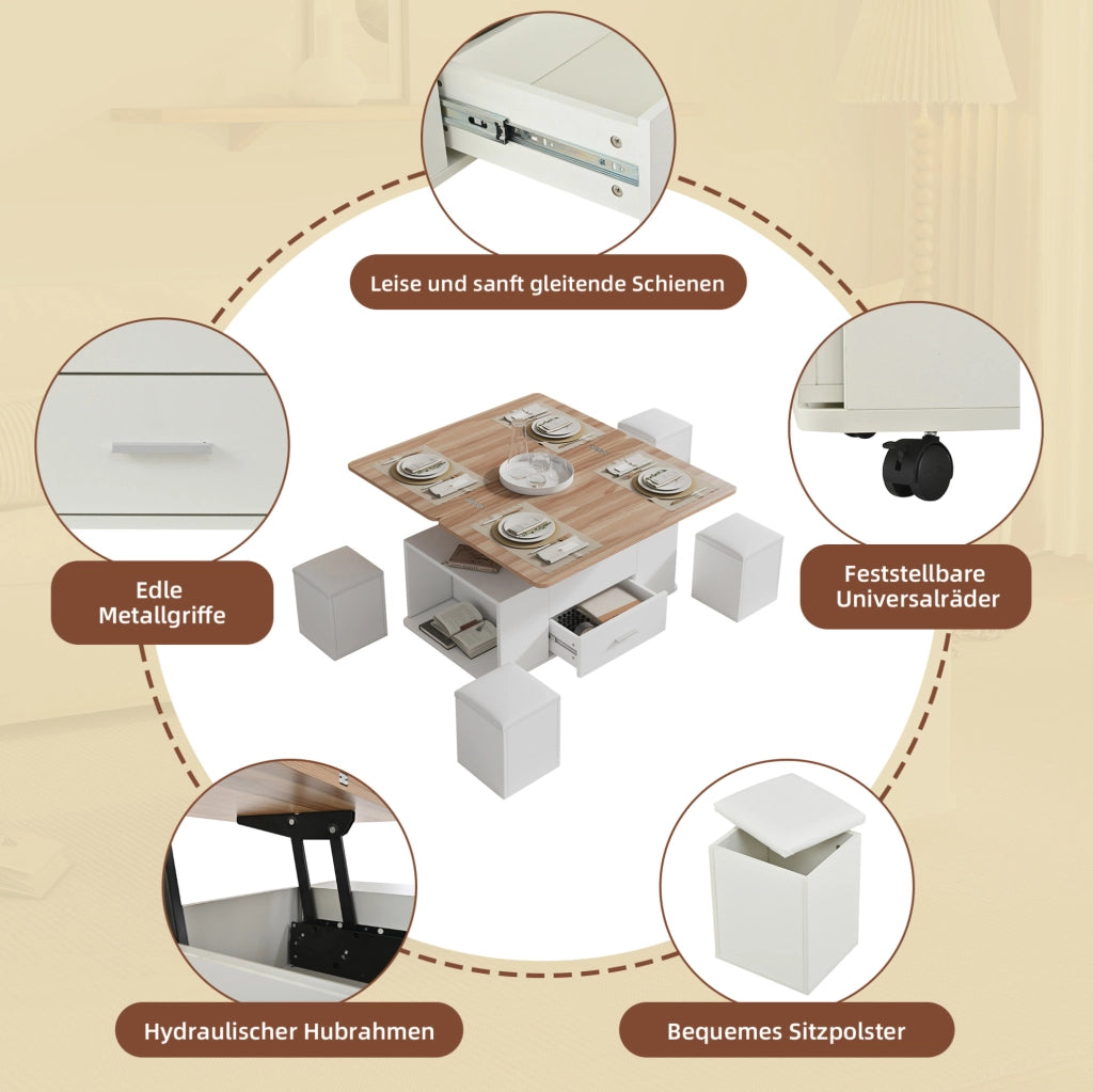 Tavolino trasformabile elevabile con 4 sgabelli, bianco legno