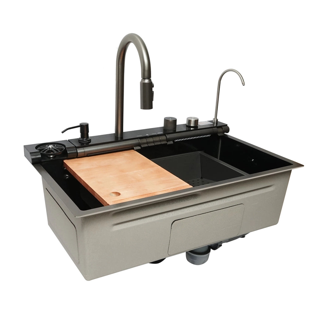 Lavello da cucina multifunzionale in acciaio inox con due rubinetti, display digitale della temperatura, due rubinetti a cascata, lavapentole, scolapiatti, vassoio, tagliere e accessori inclusi, dimensioni 75×46×22 cm.