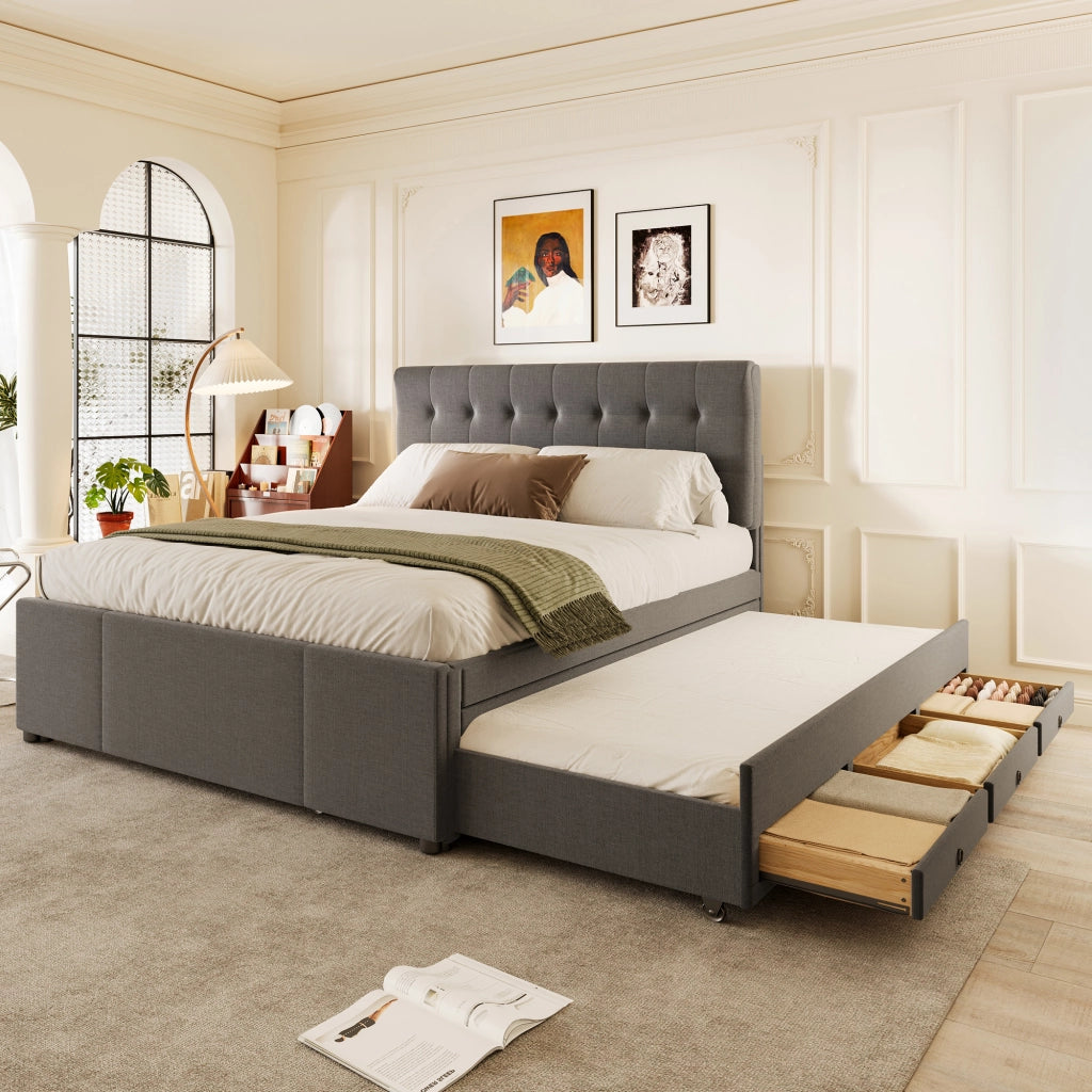 LETTO Estraibile 140x200 cm Lino Grigio con 3 cassetti