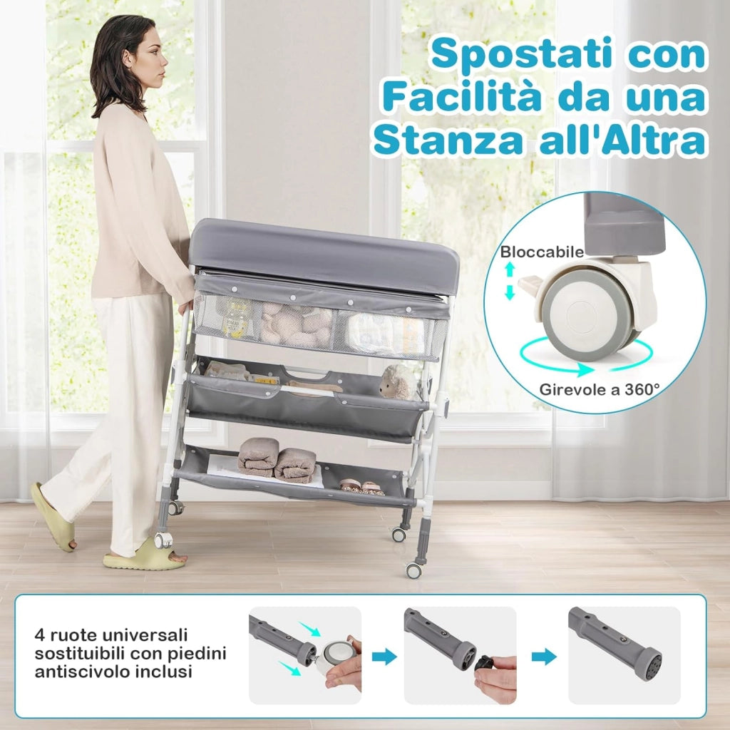 Fasciatoio Pieghevole Neonato, Fasciatoio Portatile con Altezza Regolabile, Comodino per Pannolini con Ruote di Bloccabili, 2 Ripiani, Porta Asciugamani, Cestino di Rifiuti (Grigio)