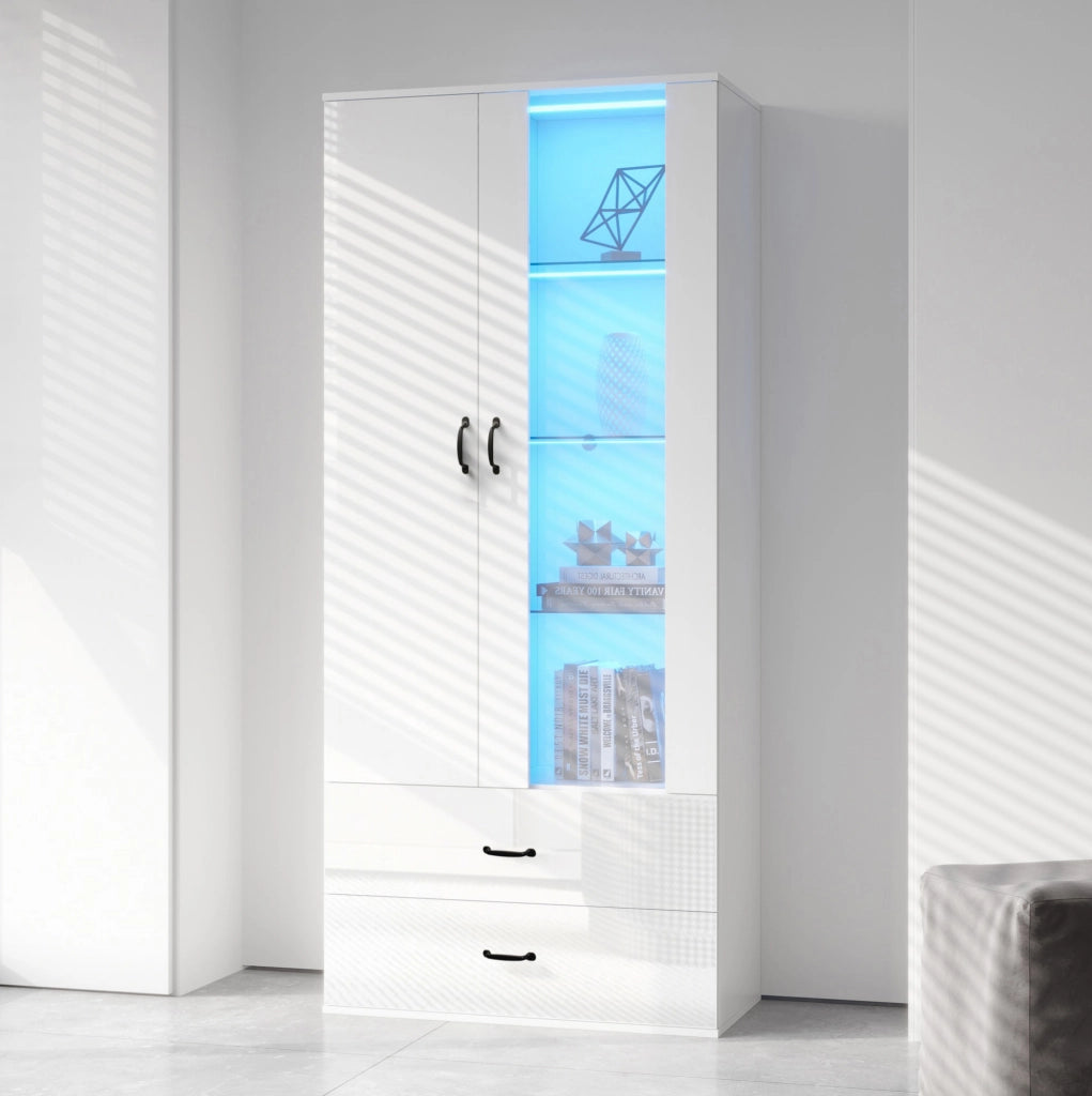 Vetrina alta moderna bianca 59;5x35x182 cm con LED Bluetooth; 2 porte e 5 vani