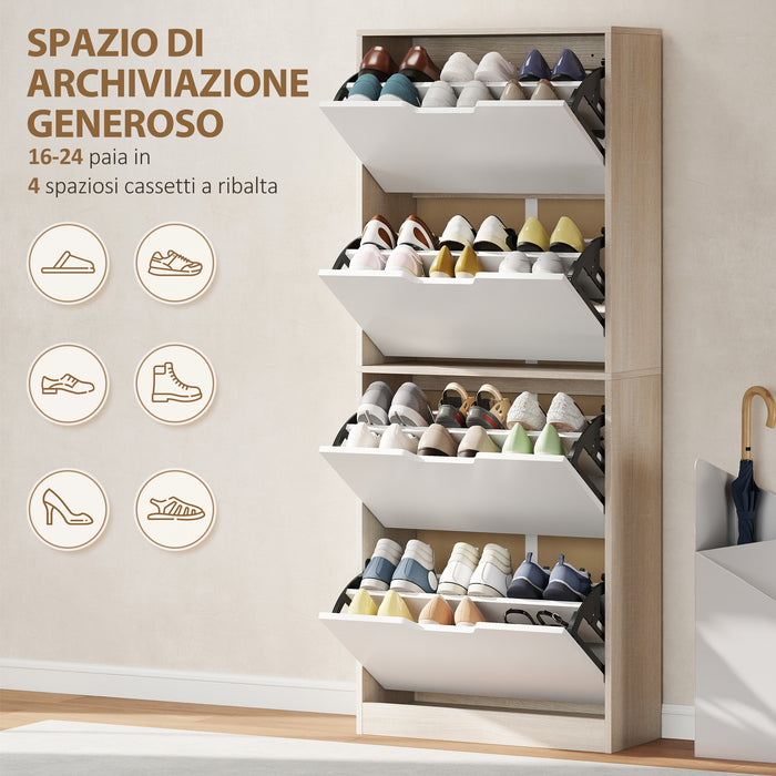 Scarpiera Salvaspazio Slim 62.5x26x156 cm a 4 Cassetti per 20 Paia di Scarpe color Legno e Bianco
