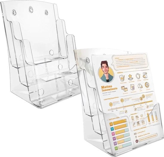 Set di 2 supporti per brochure da tavolo, 23,5 x 17,3 x 32 cm, supporto per brochure con 3 livelli in formato DIN A4, presentazione standard, supporto per flyer trasparente con 3 livelli, formato A4.