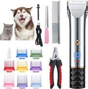 Kit di cura per animali - Tondeuse silenziosa per cani - 2 impostazioni di velocità lamiere ceramica - Ricarica tramite USB - Display LED e 8 paia di lame QR-9081