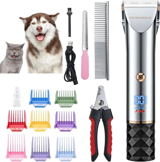 Kit di cura per animali - Tondeuse silenziosa per cani - 2 impostazioni di velocità lamiere ceramica - Ricarica tramite USB - Display LED e 8 paia di lame QR-9081