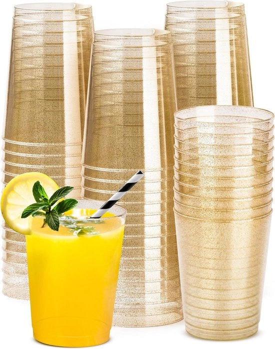 50 bicchieri in plastica con paillet, dorati, 300 ml, vetro lucido, dorati, riutilizzabile, per compleanni, vetro, matrimoni, coppe per dessert, per feste, sposa, regalo di doccia