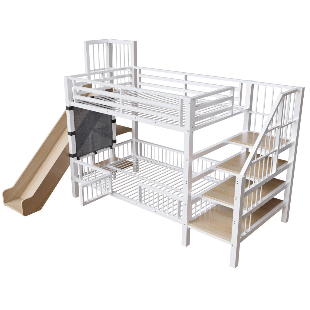 Letto a soppalco per bambini in metallo con scivolo, scala contenitore e ripiani integrati, 90x200 cm, bianco