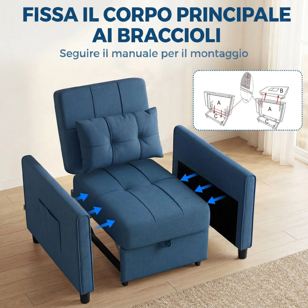 Poltrona Letto Pieghevole con Schienale Regolabile e Cuscino, Blu