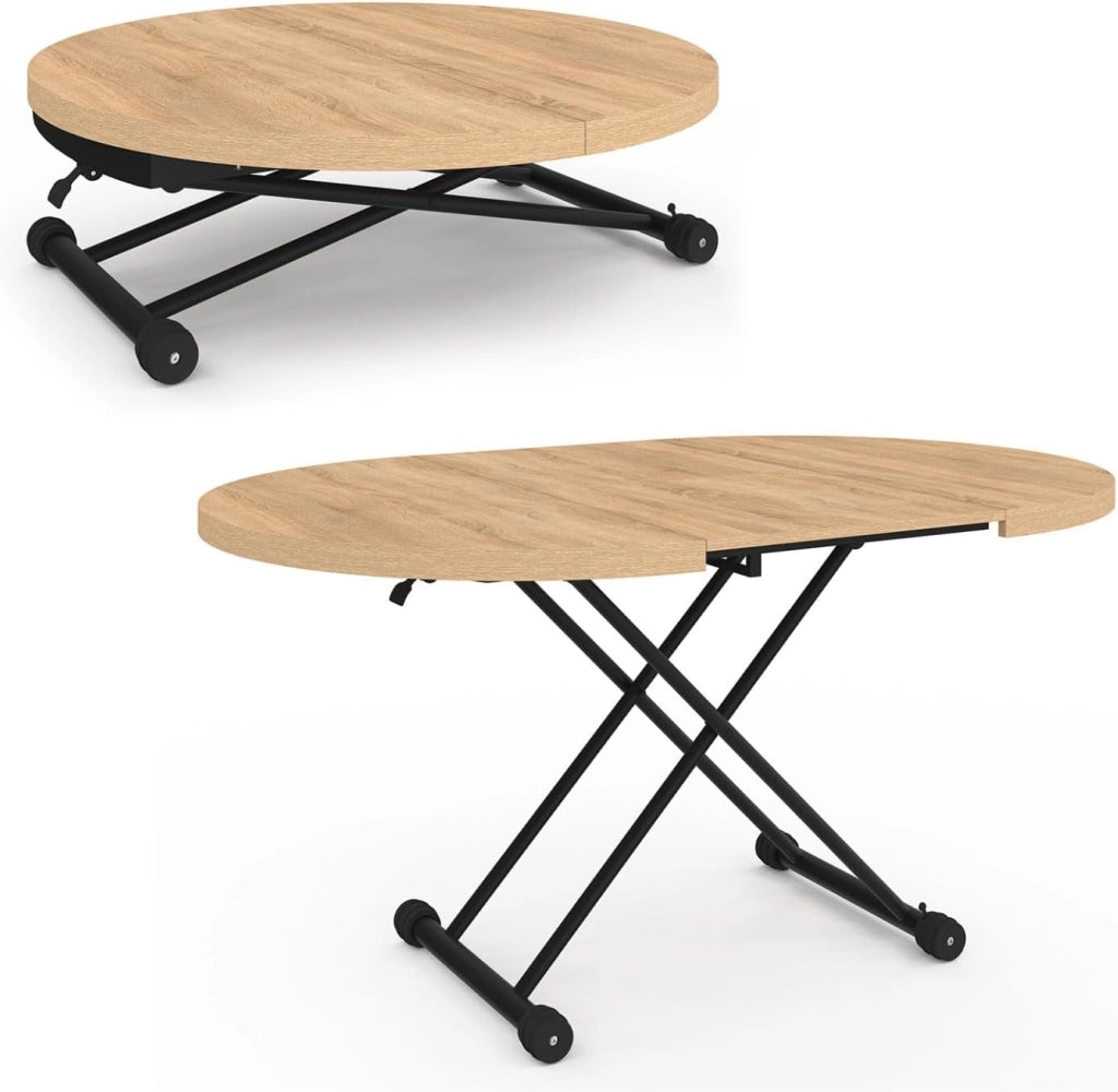 Tavolino allungabile a un tavolo da pranzo rotondo ALTURA piano in effetto faggio base nero design industriale