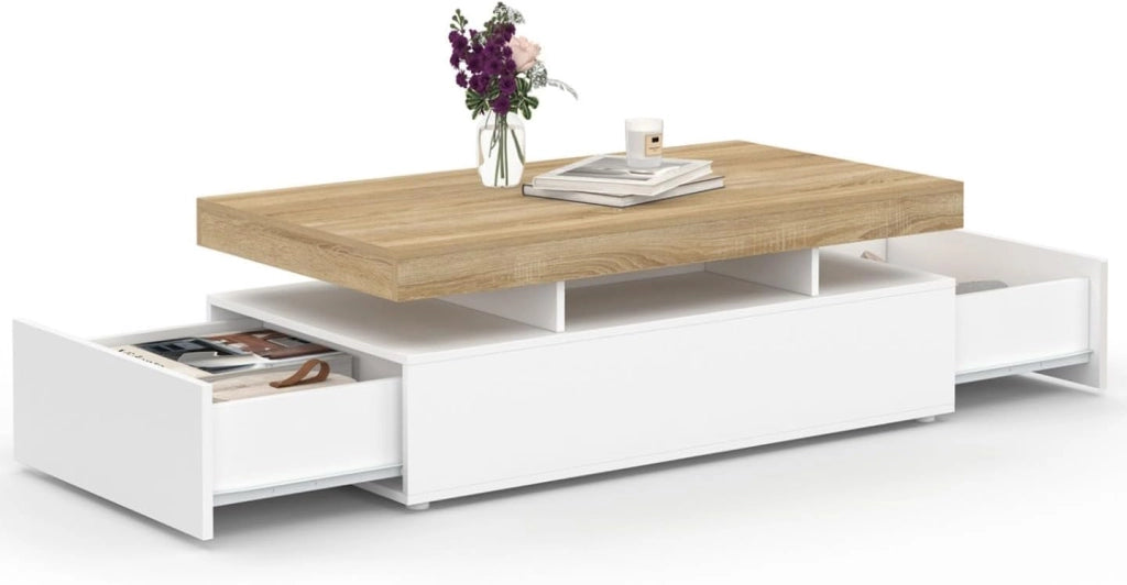 Tavolino rettangolare a 2 cassetti ELSA in legno bianco con piano in faggio