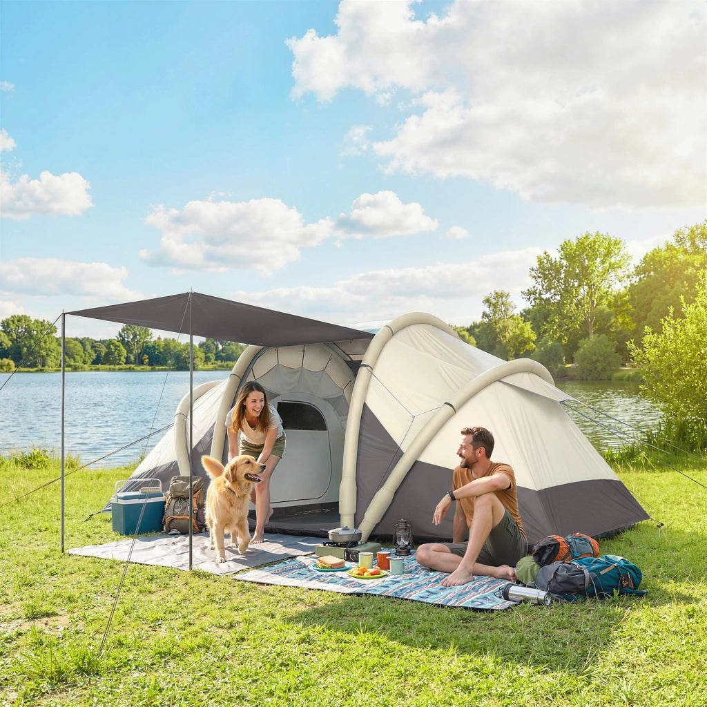 Tenda Gonfiabile da Giardino 2-4 Persone ¨C zephmum ¨C 2 Camere, Soggiorno, Grigio 485x245x188cm
