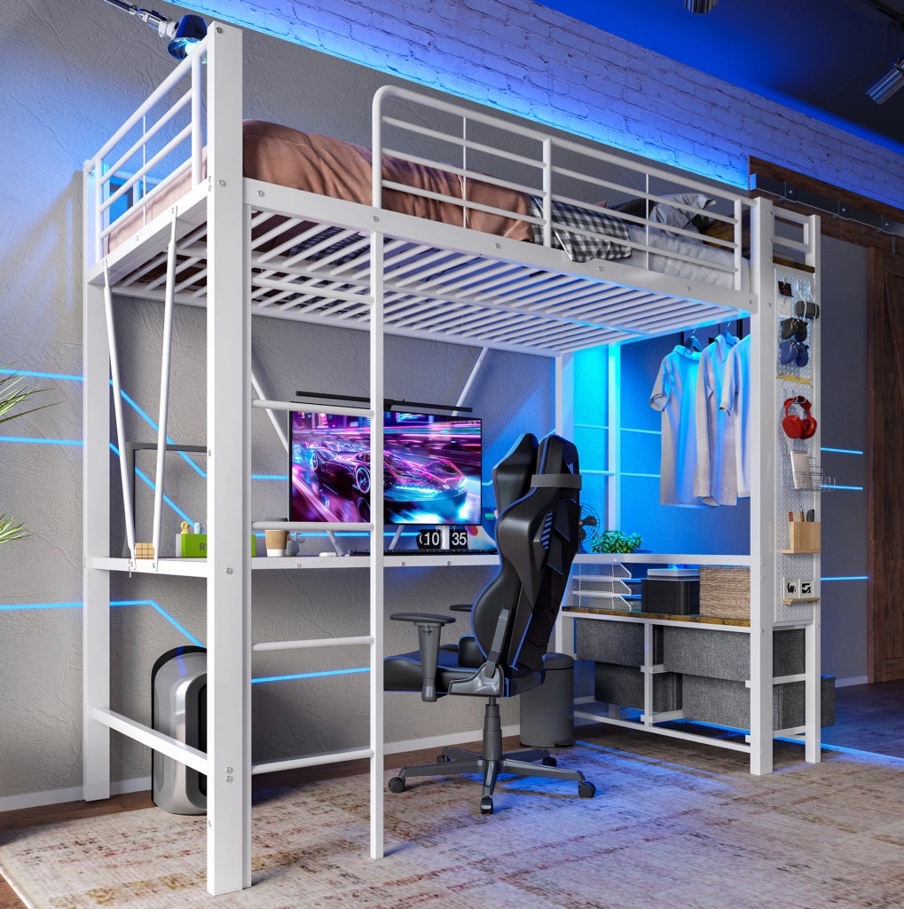 Letto a soppalco 90x200 cm con scrivania; 4 cassetti; LED e porte USB-C; metallo e MDF bianco