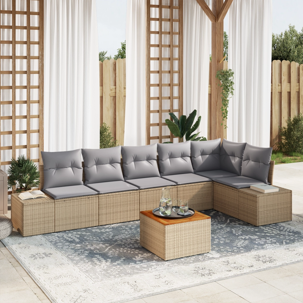 Set di divani da giardino da 7 pezzi con cuscini Beige Polyrattan Acacia