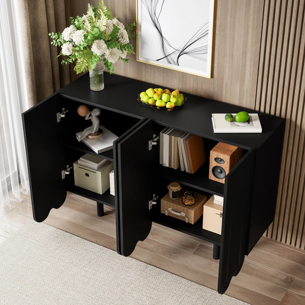 Credenza a 4 ante con intagli a goccia, ripiani interni e cerniere ammortizzate, MDF nero 120 × 37,5 × 80,8 cm