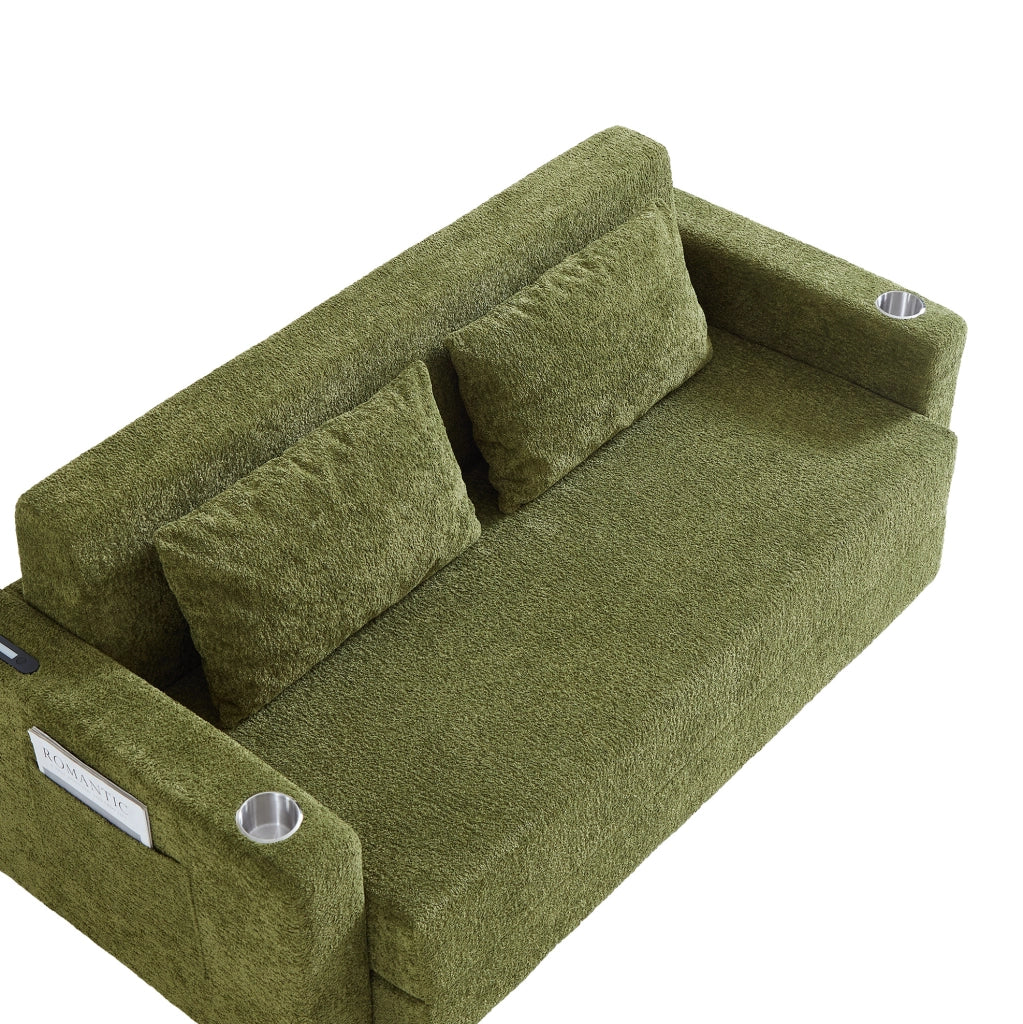 Divano letto 2 posti pieghevole con USB; portabicchieri e tasche laterali; verde