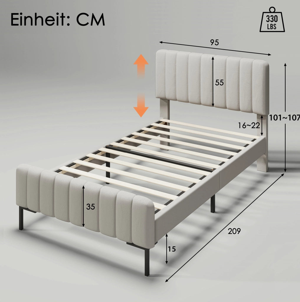 Letto imbottito 90x200 cm con testiera regolabile; grigio-beige