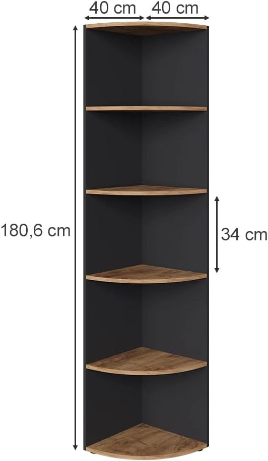 Scaffale angolare Ecki, Antracite/quercia dorata, 40 x 180 cm, per montaggio a parete con tre ripiani aperti