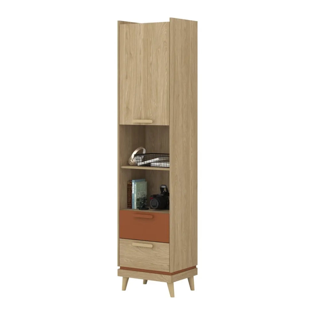 Biblioteca NOKI – Rovere chiaro e moka – 1 porta + 2 cassetti stile scandinavo
