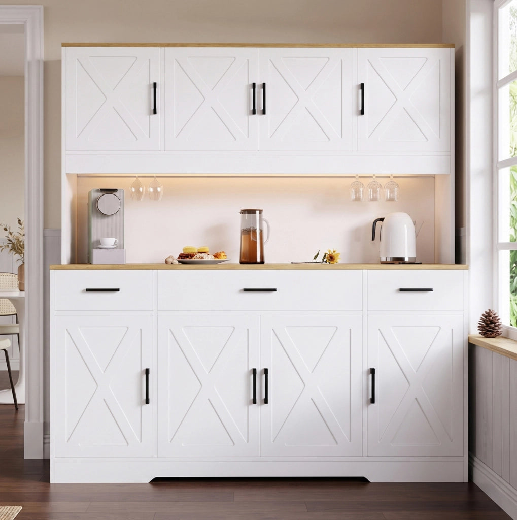 Credenza buffet 150x40x180 cm con LED; prese USB e ripiani regolabili; bianco