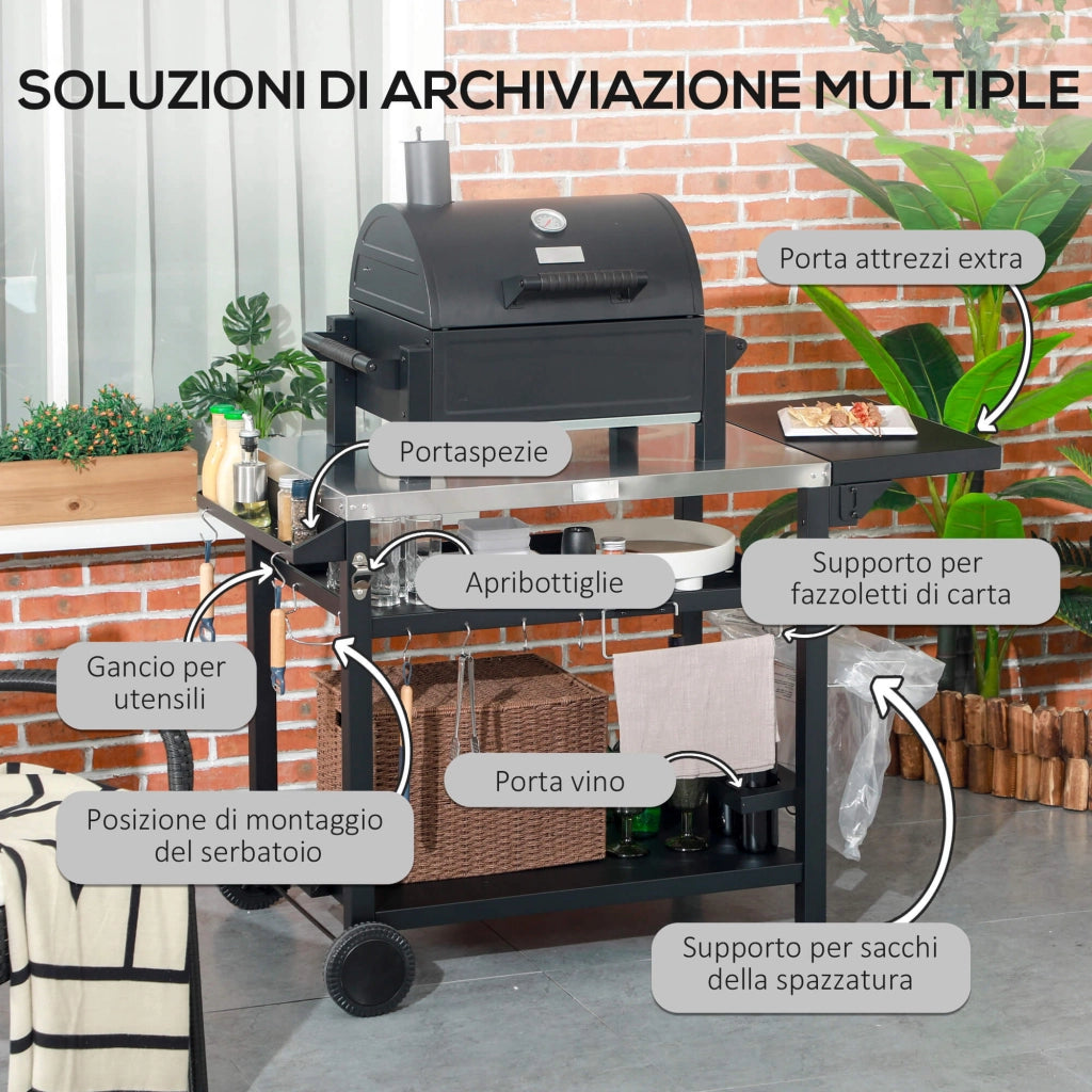 Carrello Barbecue con Tavolino Pieghevole 125x65x84 cm in Acciaio Inox Nero