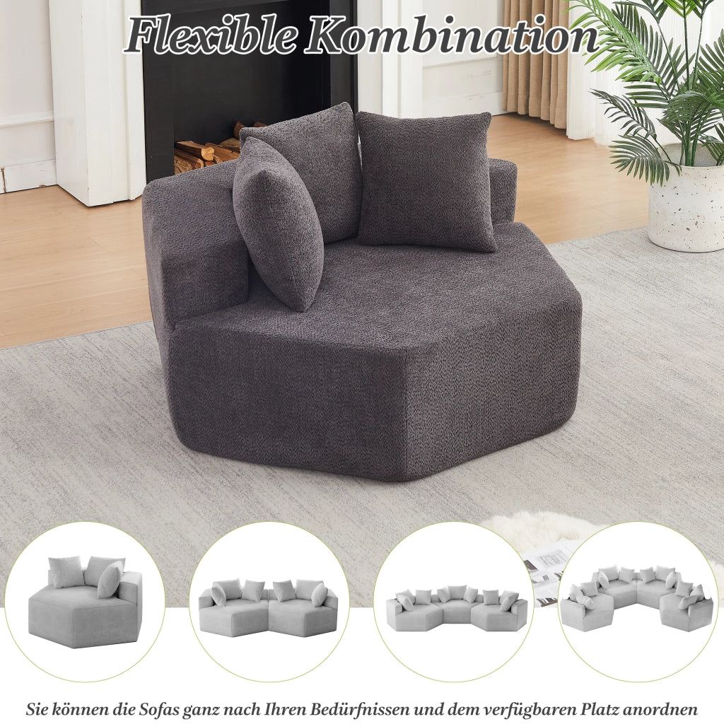 Poltrona modulare esagonale con seduta morbida e 3 cuscini, per relax, in chenille e schiuma con molle, grigio
