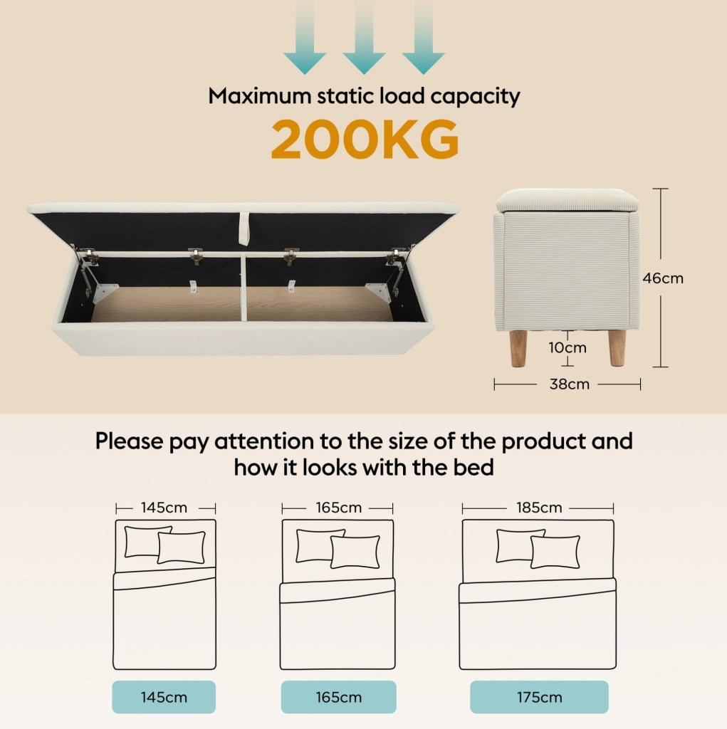 Letto matrimoniale 160x200 cm in legno e corduroy beige con contenitore; LED e panca