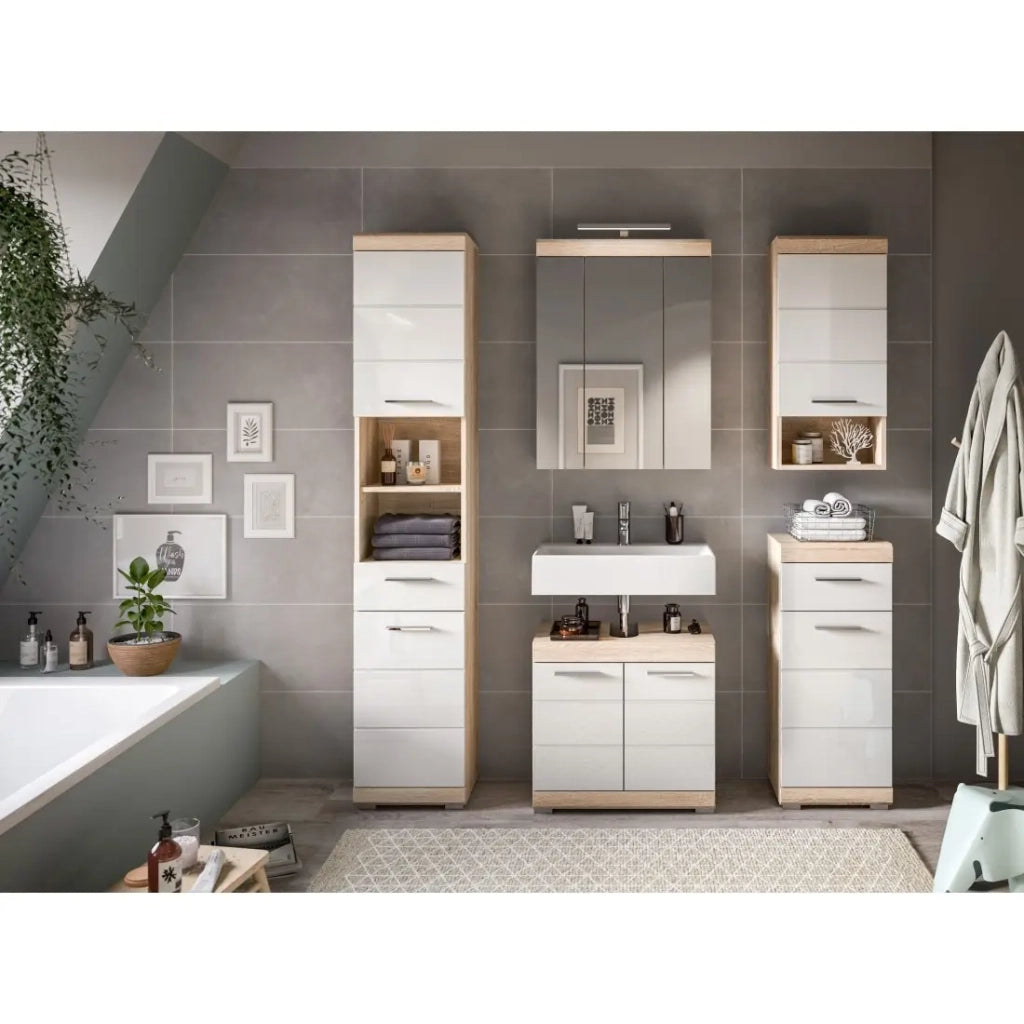 Set da bagno LEWOTO – 1 colonna, 1 mobile sotto lavabo, 1 armadietto con specchio, e 2 mezze colonne – Bianco e rovere