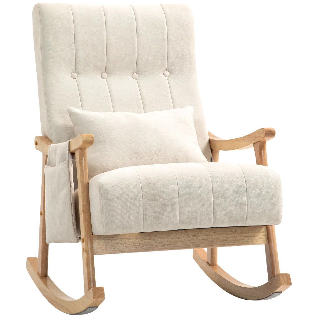 Poltrona a dondolo con cuscino lombare - Xylo - tessuto beige, seduta larga, struttura legno, 120 kg